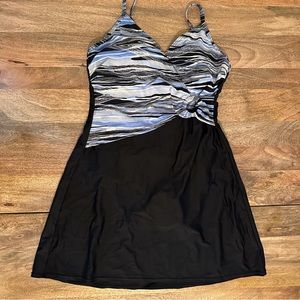 Christina One-Piece Black Swim Dress w/Multicolor Striped Surplice Top Sz 14